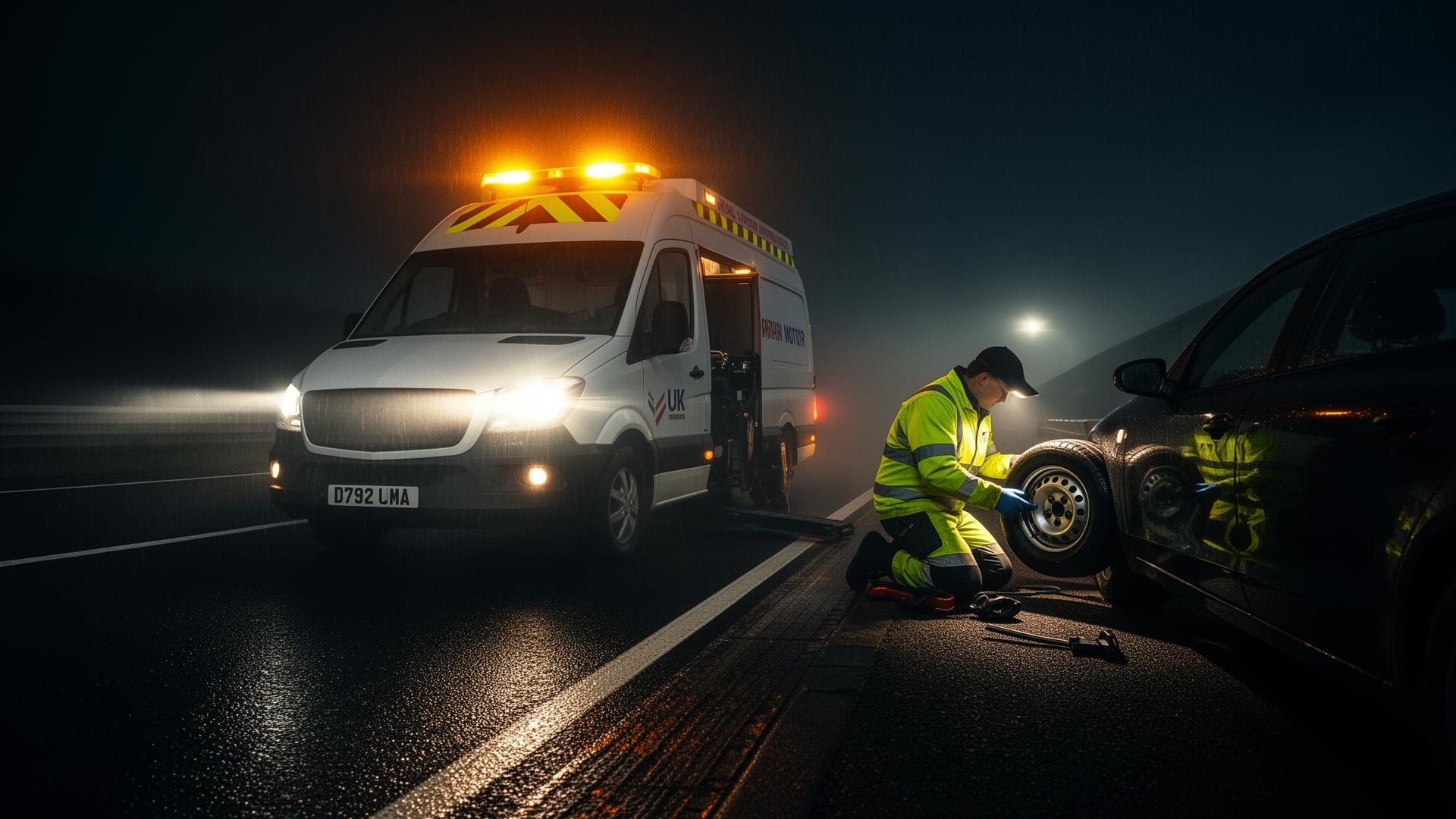 Mobile tyre fitting van on UK roadside at night